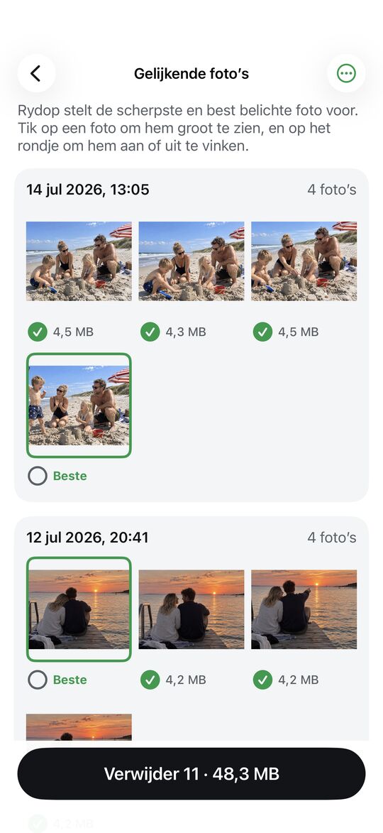 De beste foto is gemarkeerd, de rest is geselecteerd