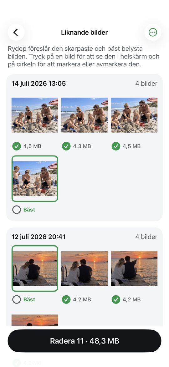 Den bästa bilden är markerad och resten redan valda